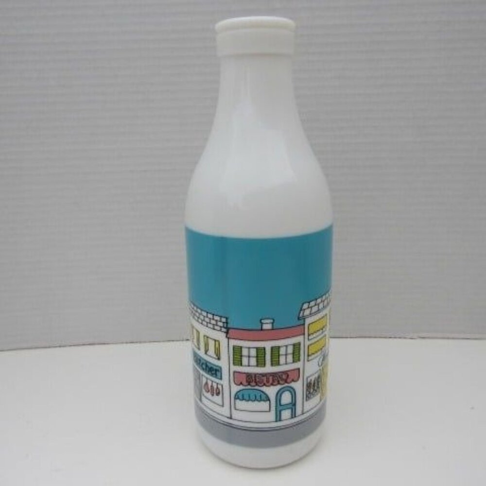 Vintage Carlton Opaque White Thick Milk Glass jug Bottle Colorful Historic Town